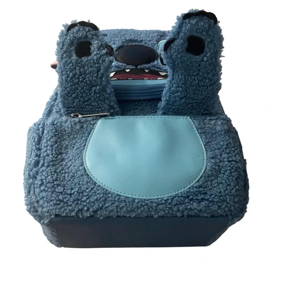 Disney Loungefly Stitch Sherpa Mini Backpack Blue Faux Shearling 3D Ears Bag